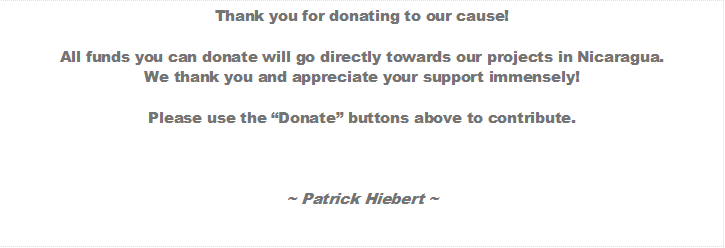 Thank you for donating to our cause!
All funds you can donate will go directly towards our projects in Nicaragua.
We thank you and appreciate your support immensely!
Please use the “Donate” buttons above to contribute.
 
~ Patrick Hiebert ~

